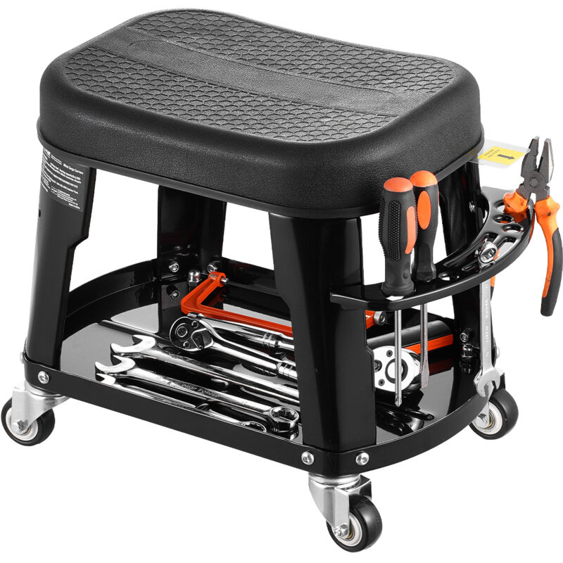 Tabouret deAtelier sur Roulettes, Tabouret de Mecanicien avec Capacite de Charge Maximale de 136 kg, Siege de Garage Pivotant a 360°, avec Plateau a