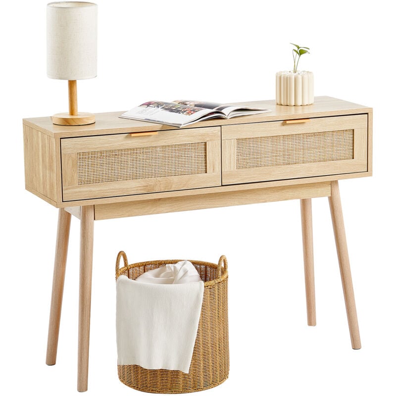 Vevor - Tavolo Consolle in Rattan con 2 Cassetti Portaoggetti, Tavolo Ingresso con Porta Scorrevole in Rattan Naturale, Tavolo Consolle Divano per