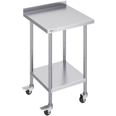 VEVOR Tavolo da Lavoro in Acciaio Inossidabile 610 x 610 x 1005 mm, con 4 Ruote, 3 Livelli di Altezza Regolabili, Tavolo Resistente per Preparazione Alimenti Ristoranti Cucina Commerciale, Argento