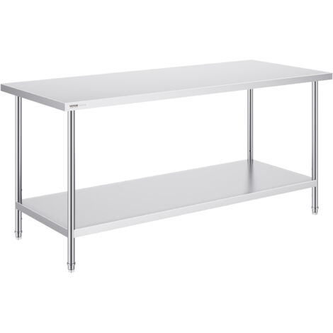 VEVOR Tavolo da Lavoro in Acciaio Inossidabile 762 x 1829 x 864 mm, con 4 Ruote, 3 Livelli di Altezza Regolabili, Tavolo Resistente per Preparazione Alimenti Ristoranti Cucina Commerciale, Argento