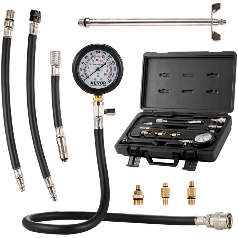 VEVOR Compressiemeter Compressietester Compressietester Testapparaat Compressiemeter met drukmeter Benzinemotor 0-300 PSI en 0-2000 kPa Compressiemeter Inclusief 3x adapters