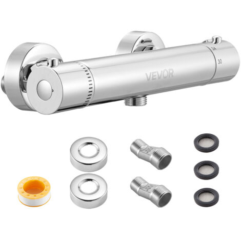 VEVOR Thermostatic Shower Faucet Valve, 38℃ Secure Lock Thermostatic Shower Valve, Hot Cold Water Showering Faucet Temperature Control Valves with Solid Brass Casting for Bathroom, RV, Leak-Proof