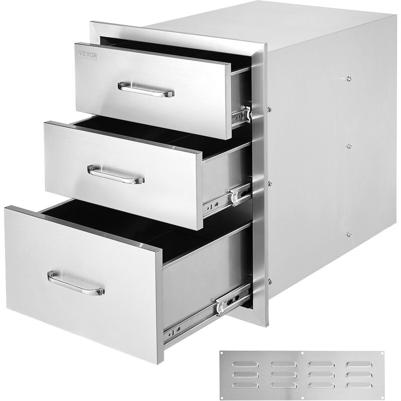 Vevor Tiroir Inox de Cuisine 46x59x58cm Triple Espaces de Rangement Commode de Rangement en Acier Inoxydable avec Poignee 3 Tiroirs Integre pour