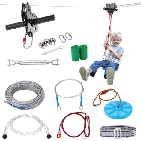 MOPHORN VEVOR Tirolesa para Niños y Adultos Kit Completo de Tirolesa de 18,3m Carga de 272 kg Fácil Configuración con Cinturón de Freno de Resorte y Arnes de Seguridad para Jardín, Patio Trasero al Aire Libre