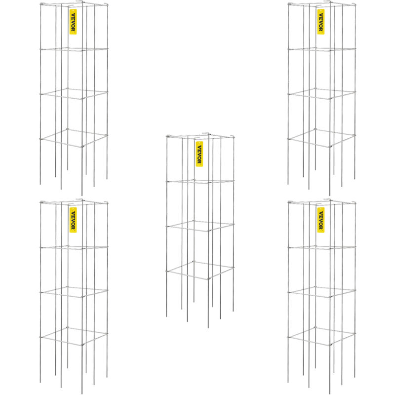 Mophorn - Vevor Tomato Cages, 11.8' X 11.8' X 46.1', 5 Packs Square Plant Support Cages, Silver Pvc-coated Steel Tomato Towers For Climbing