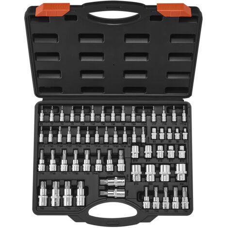 VEVOR Torx Bit Socket and External Torx Socket Set, 60-Piece T6-T70, TT6-TT70, TP8-TP60, E4-E24, S2 Alloy Steel and Cr-V Steel, 1/4 in, 3/8 in, and 1/2 in Drives, with Enhanced Storage Case, Hand Use