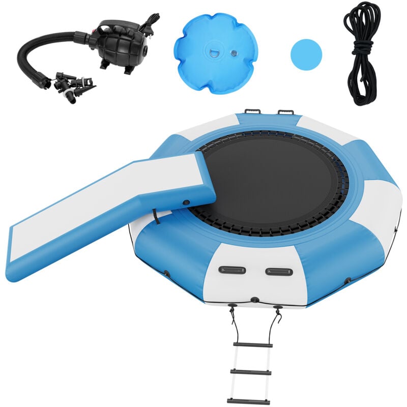 Vevor Trampoline Aquatique Gonflable 310x60cm, Trampoline sur l'Eau avec Toboggan, Echelle a 3 Marches et Pompe a Air Electrique, Plate-forme de