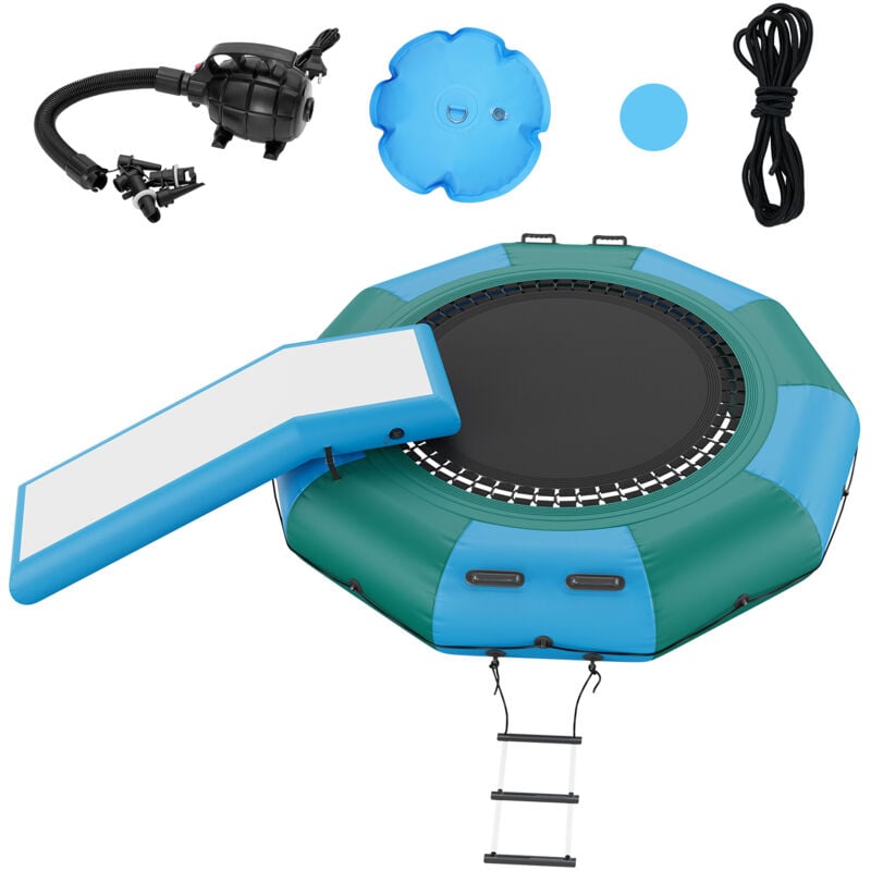 Vevor Trampoline Aquatique Gonflable, Trampoline sur l'Eau 310x60cm, Plate-forme de Natation Portable avec Toboggan, Echelle a 3 Marches et Pompe a