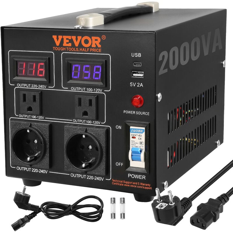 Vevor - Transformateur 220 V⇄110 v Convertisseur de Tension Elevateur Abaisseur 2000 va Transformateur de Puissance avec 2 Prises us nema 5-15R 3