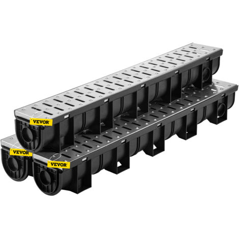 VEVOR Trench Drain System, Channel Drain with Metal Grate, 150x130 mm HDPE Drainage Trench, Black Plastic Garage Floor Drain, 3x39 Trench Drain Grate, with 3 End Caps, for Garden, Driveway-3 Pack