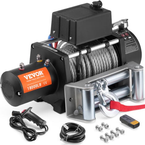 VEVOR Treuil electrique 8165 kg, treuil pour camion avec cable en acier Φ1,1 x 2590,8 cm, guide-cable, telecommande sans fil et filaire, etanche IP55, pour remorquage SUV, tout-terrain, camion, bateau