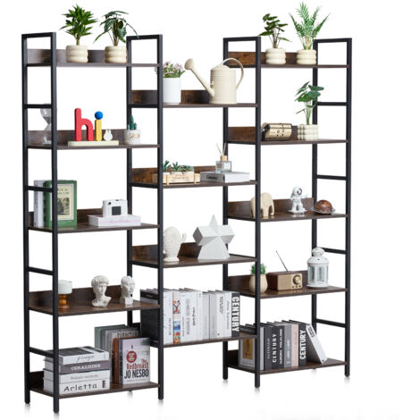 VEVOR Triple Metal Bookshelf, 14-Tier Industrial Bookshelf, Large Rustic Vintage Storage Bookcase with Open Shelves, Freestanding Display Shelving Unit Storage Rack, for Living room, Bedroom & Office
