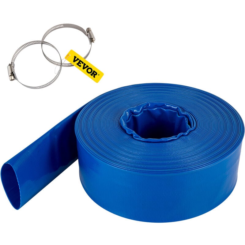 Vevor Tuyau de decharge 38 mm x 32 m tuyau plat en tissu pvc, tuyau de vidange robuste avec colliers de serrage, resistant aux intemperies et a
