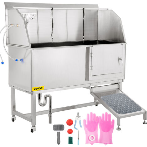 VEVOR Vasca da Bagno per Animali Vasca da Bagno con Porta Scorrevole per Animali Domestici in Acciaio Inox Capacita Carico Max. da 300kg, Vasca da Bagno per Animali Lunghezza Massima di 149,9 cm con P