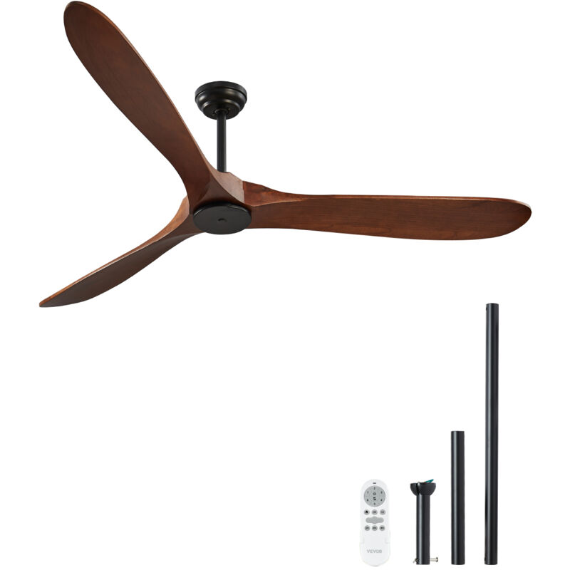 Vevor – Ventilateur de plafond sans lumière 180 cm – 3 pales en bois massif – Moteur CC réversible – 6 vitesses – Télécommande – Débit d'air 10 000 CFM