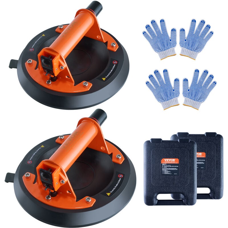 Vevor Ventouse de Carrelage 203 mm Ventouse de Vitre 2PCS Charge 278 kg Poignee en Acier Boite de Transport en pp Gants Ventouse de Levage Industriel