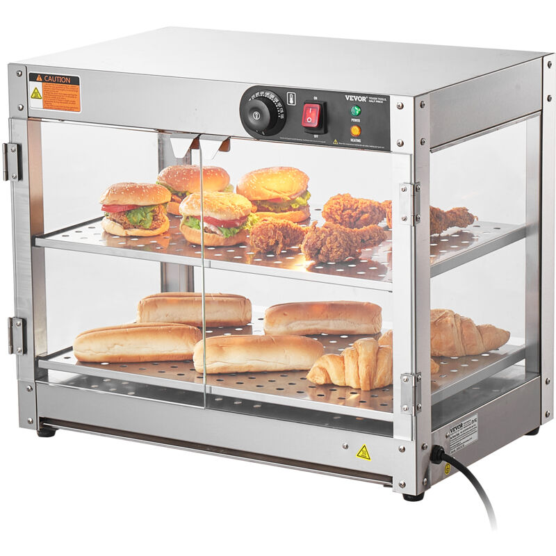 Vitrine Chauffante Commerciale a 2 Niveaux, Presentoir a Chaud 800 w avec Lumiere, Controle de Temperature 3085 ℃, Grande Capacite 58 l pour