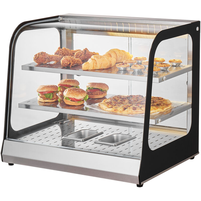 Vitrine Chauffante Commerciale a 2 Niveaux, Presentoir a Chaud 850 w, avec Verre Trempe et Chauffage a la Vapeur, Controle de Temperature 30-85 ℃,