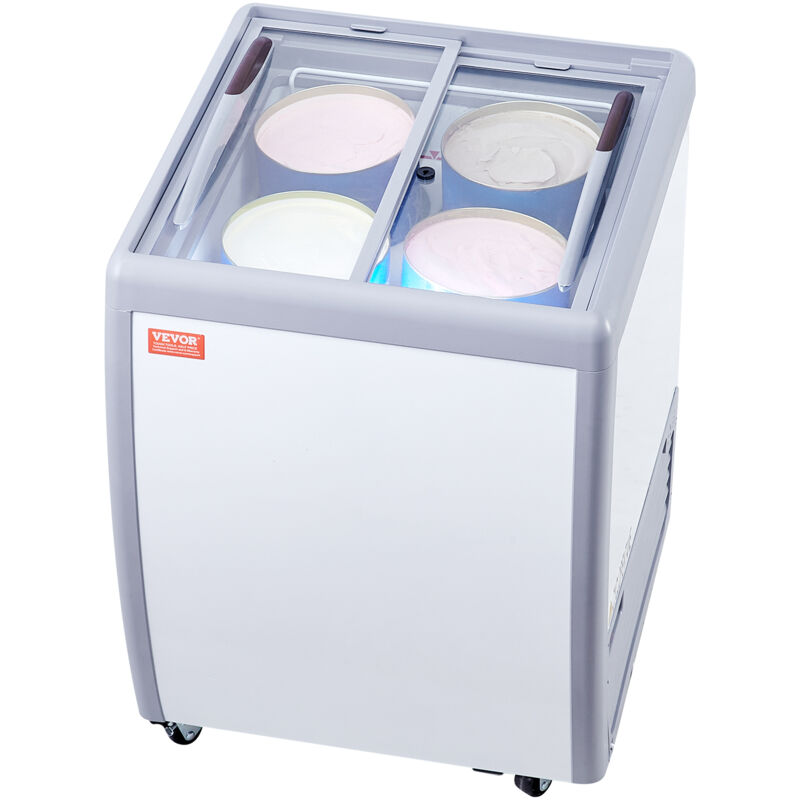 Vitrine Refrigeree a Creme Glacee Commerciale, Comptoir a Glace 158 l, Congelateur Mobile avec Dessus en Verre, 4 Grandes Cuves, 2 Portes