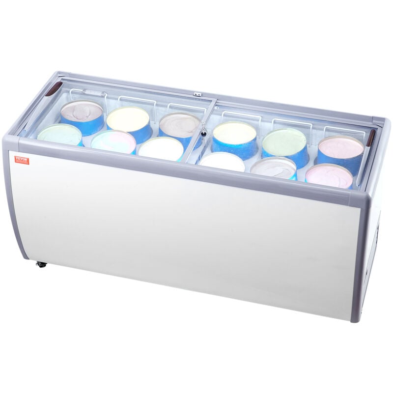 Vevor - Vitrine Refrigeree a Creme Glacee Commerciale, Comptoir a Glace 567 l, Congelateur Mobile avec Dessus en Verre, 12 Grandes Cuves, 2 Portes