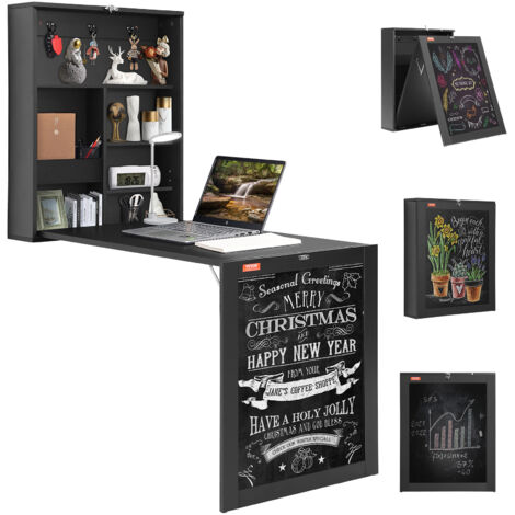 VEVOR Wall Mounted Desk, Fold out Convertible Desk, Multi-Function Folding Wall Table with Chalkboard for Home Office, Space Saving Computer Desk with Storage Area