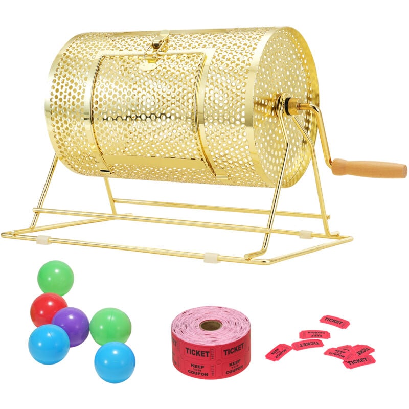 Mophorn - Raffle Drum, 11.6 x Ø7.48 inch Brass Plated Raffle Ticket Spinning Cage, Holds 2500 Tickets or 100 Ping Pong Balls, Metal Lottery Spinning