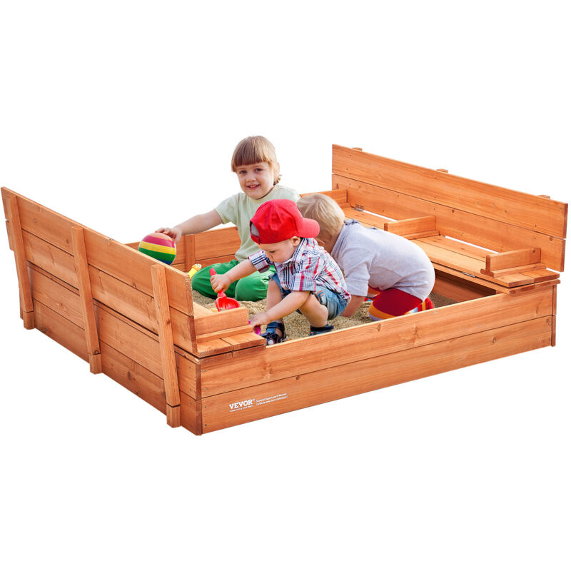 Vevor Wooden Sandbox, 52.4 X 47.2 X 16.9 In Sand Box, Sand Pit With Foldable Bench Seats And Bottom Liner, Natural Wood Kids Sandbox For Outdoor