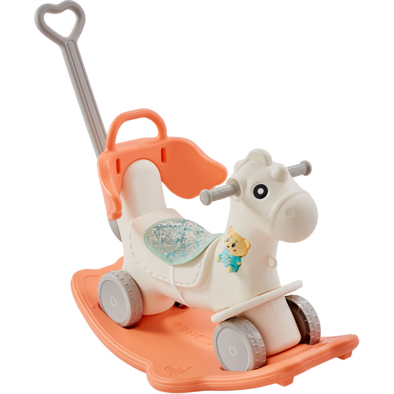 Cheval a bascule 4 en 1 pour les enfants de 1 a 3 ans, jouet a bascule avec planche deequilibre amovible, poignee de poussee et 4 roues lisses, pehd,