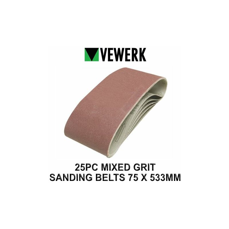 Vewerk - 25pc Mixed Grit Sanding Belts 75 x 533MM 60 80 100 120 Grit 9027