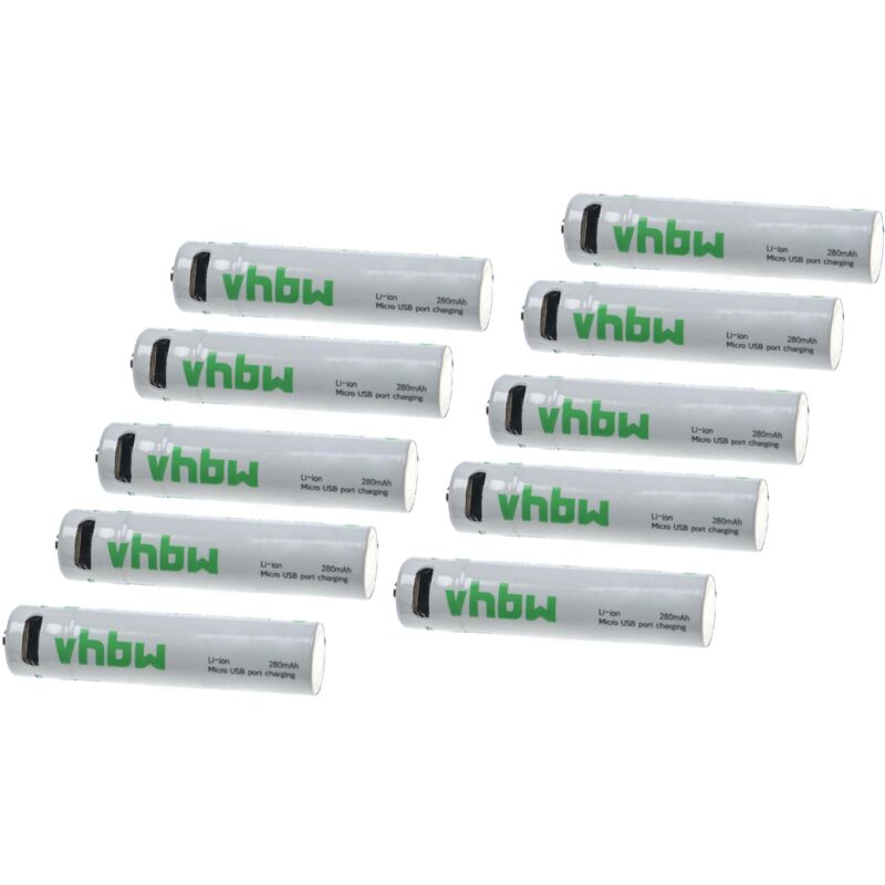 vhbw 10x Piles rechargeables AAA Micro avec prise micro-USB (280mAh, 1,5V, Li-ion)