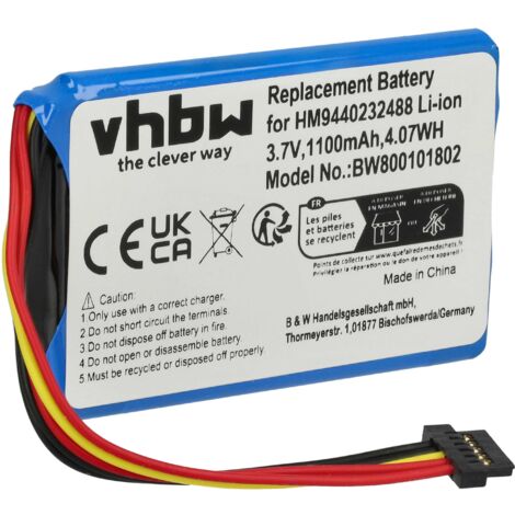 vhbw 1x batería reemplaza TomTom VF1A, HM9440232488, AHL03711012 para navegador, navi, GPS (1100 mAh, 3,7 V, Li-Ion)