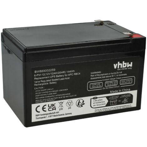 vhbw 1x Batterie compatible avec APC SUVS650I, BP650SI, SC620, SUVS650, SU620NET, Smart-UPS, BP650SUS, SU620INET, SC620I ASI (12Ah, 12V, AGM)