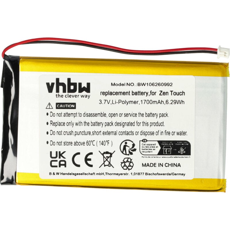 vhbw 1x Batterie compatible avec Creative Zen Touch Labs Jukebox 40GB lecteur de musique MP3 (1700mAh, 3,7V, Li-polymère)