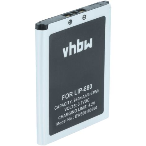 vhbw 1x Batterie compatible avec Sony NW-HD5, NW-HD5B, NW-HD5R, NW-HD5S, 20GB lecteur de musique MP3 (980mAh, 3,7V, Li-ion) - Remplacement pour LIP-880, LIP-880PD, LIP-880PD-B