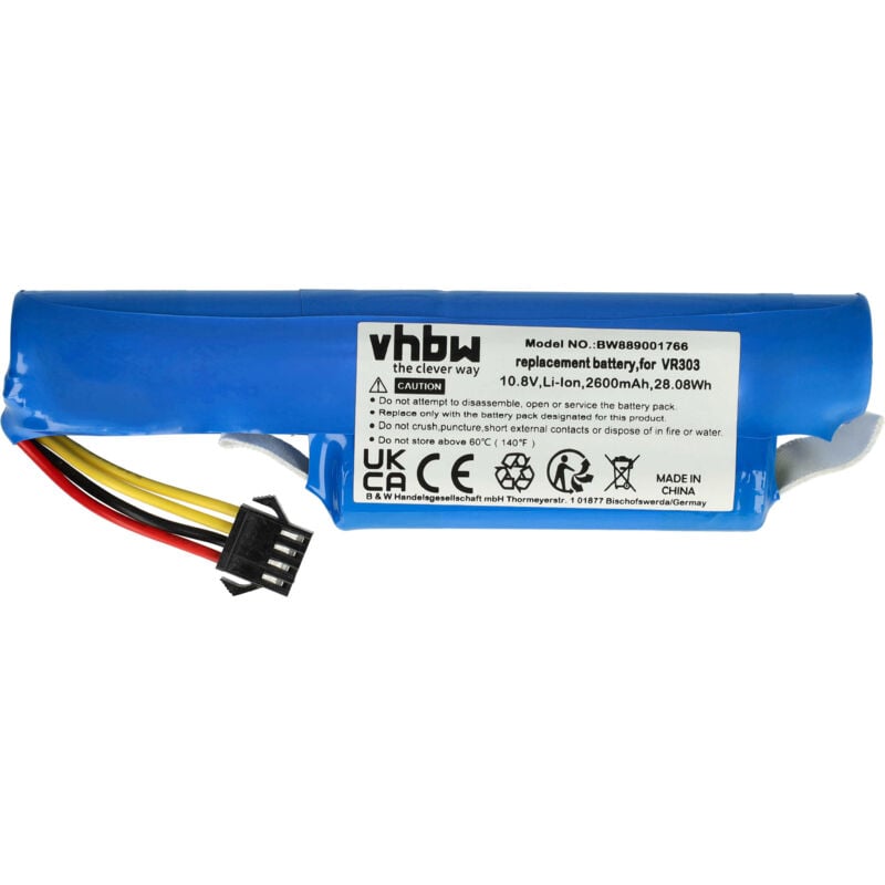 1x Batterie compatible avec Vileda vr 201 PetPro, vr 303 robot électroménager (2600mAh, 10,8V, Li-ion) - Vhbw