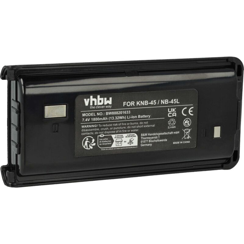 Vhbw - 1x Batterie remplacement pour Kenwood KNB-45L, KNB-45Li, KNB-45 pour radio talkie-walkie (1800mAh, 7,4V, Li-ion)