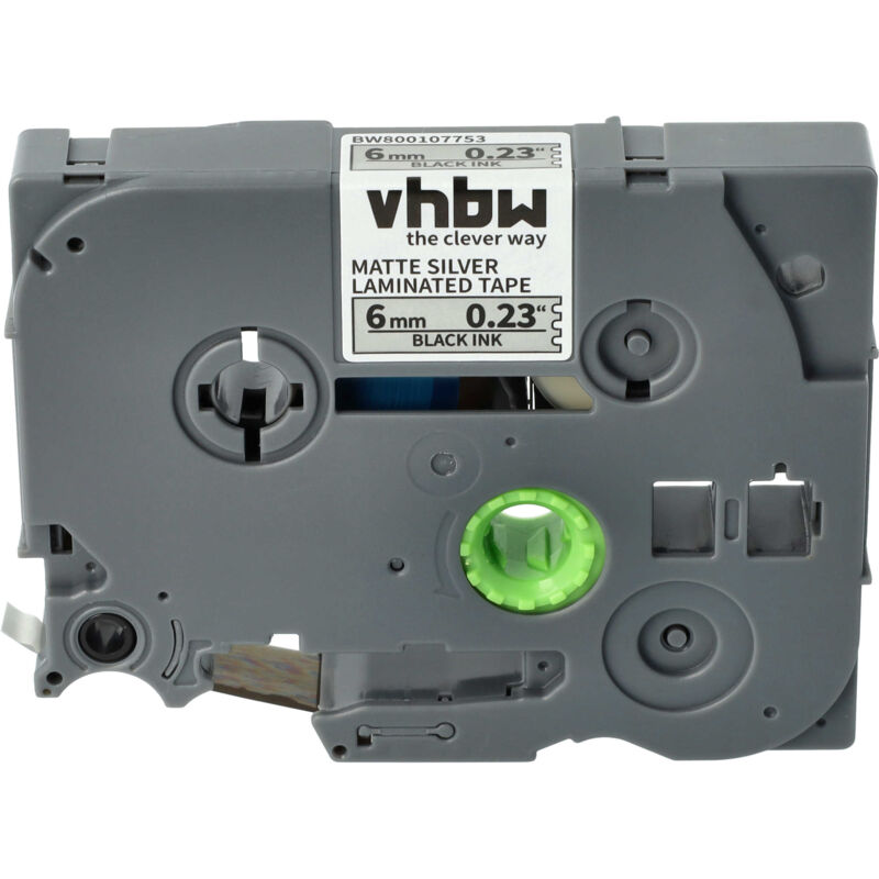 Vhbw - Label Tape compatible with Brother pt D600, 9600, 9400, D450, D450VP, D400, D400VP Label Printer 8m x 6 mm, Black on Matt-Silver