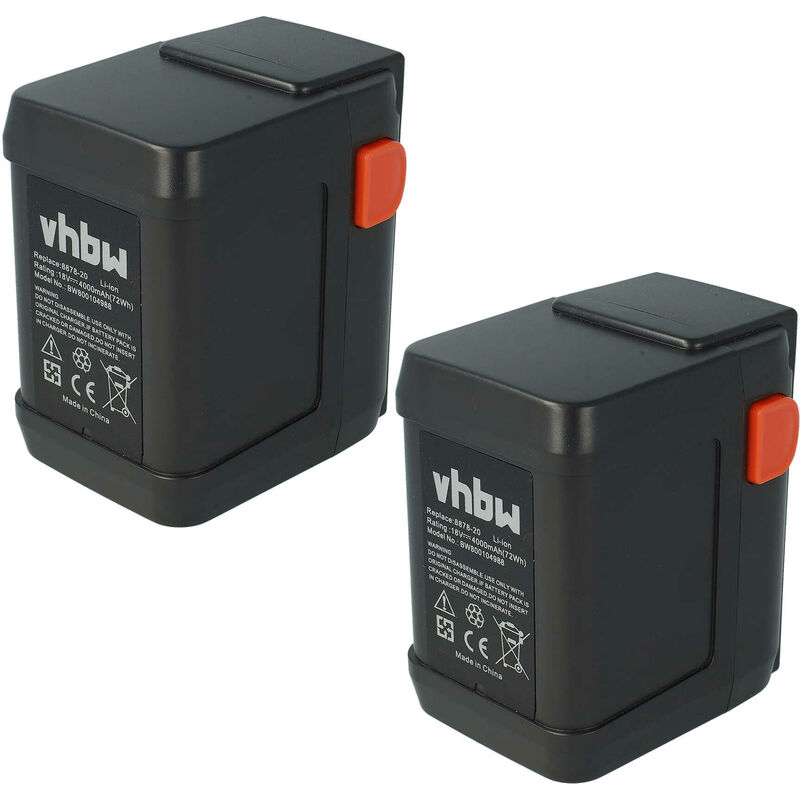 Vhbw 2 x Batteries Li-Ion 4000mAh (18V) compatible avec Gardena AccuJet 8865, 9333-20, remplacement pour 8835-U, 8835-20, 8839, 8839-20