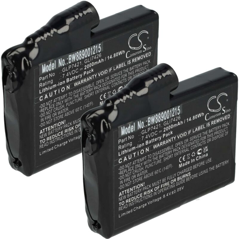 Vhbw - 2x Batterie compatible avec Glovii GP1R, GJ1G, gxb, GJ1R, GP1C, GJ1, GP1G, GJ1C, gxr, GP1 gants chauffants pour moto (2000mAh, 7,4V, Li-ion)