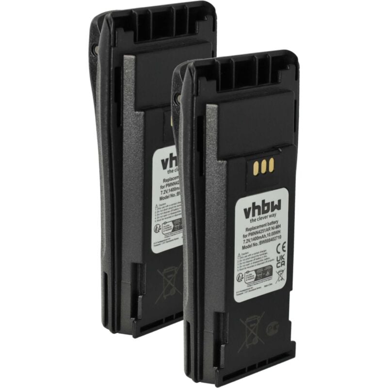Vhbw - 2x Batterie compatible avec Motorola DP1400, GP3188, EP450, CP380, CP360 radio talkie-walkie (1400mAh, 7,2V, NiMH) - avec clip de ceinture