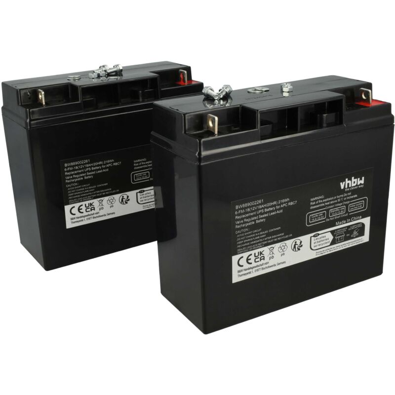 2x Batterie remplacement pour apc AP1250, AGM09, RBC7, BT12-18, RBC50 pour asi (18000mAh, 12V, agm) - Vhbw
