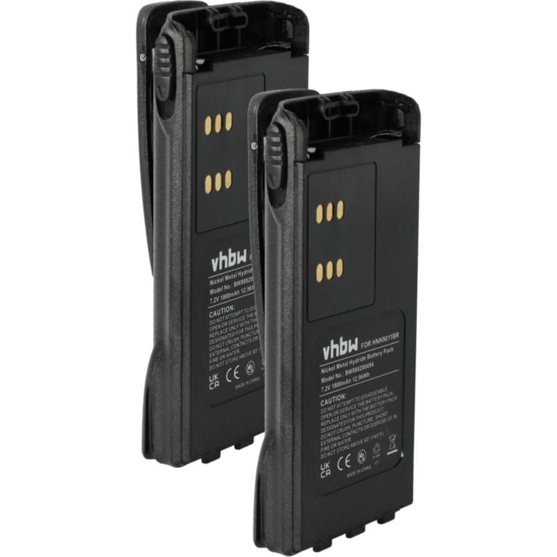 Vhbw - 2x Batterie remplacement pour Motorola PMNN4158AR, PMNN4159AR, WPNN4045AR pour radio talkie-walkie (1800mAh, 7,2V, NiMH) - avec clip de