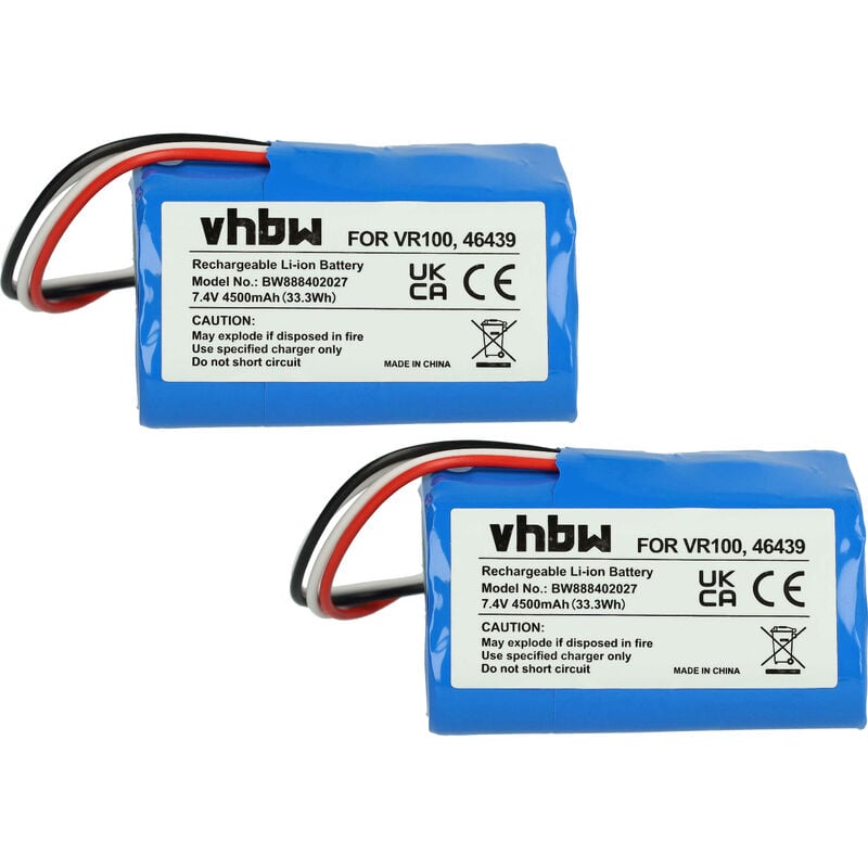 2x Batteries compatible avec Vorwerk Kobold VR100 robot électroménager (4500mAh, 7,4V, Li-ion) - Vhbw