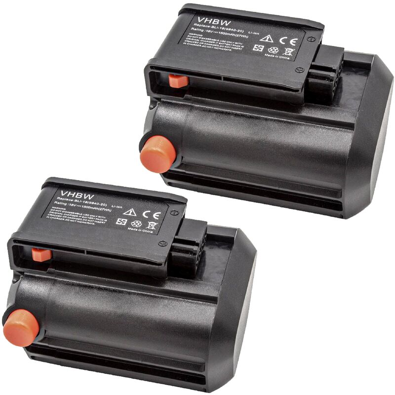 2x Batteries remplacement pour Gardena 9840-20, BLi-18, 9839-20 pour (1500mAh, 18V, Li-ion) - Vhbw