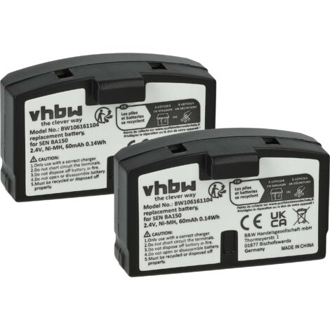 vhbw 2x Batteries remplacement pour Sennheiser BA151, BA150, BA152 pour casque audio, écouteurs sans fil (60mAh, 2,4V, NiMH)