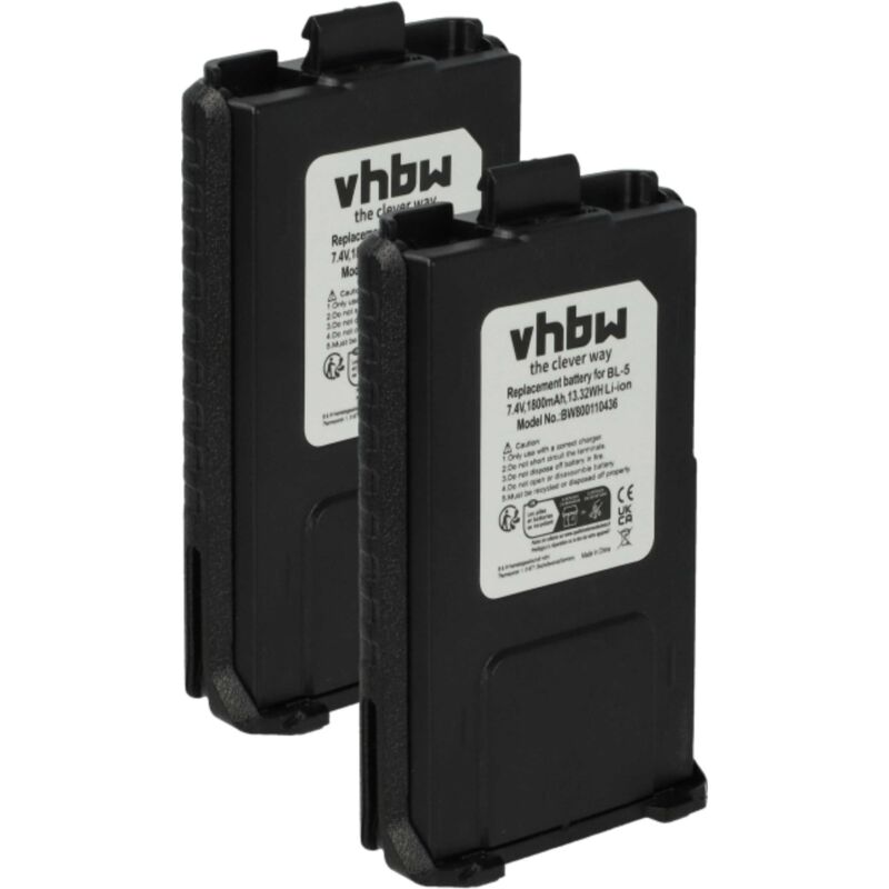 Vhbw - 2x Battery compatible with Baofeng UV-5R, BF-F8, UV-5RA, UV-5RE, BF-F9 Radio, Walkie-Talkie (1800 mAh, 7.4 v, Li-Ion)