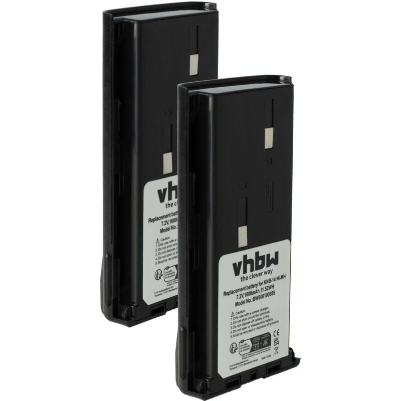 Vhbw - 2x Battery compatible with Bidatong bd-pmr, BD-3107, BD-2107 Radio, Walkie-Talkie (1600 mAh, 7,2 v, NiMH)