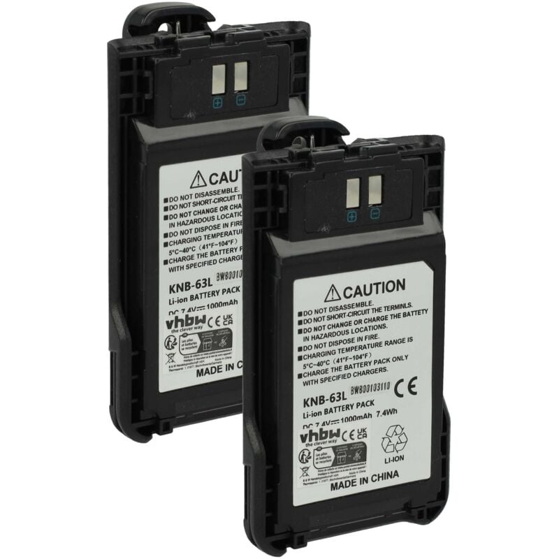 Vhbw - 2x Battery compatible with Kenwood TH-K20A, TH-K40, TH-K20E, TH-K20 Radio, Walkie-Talkie (1000 mAh, 7.4 v, Li-Ion) + Belt Clip