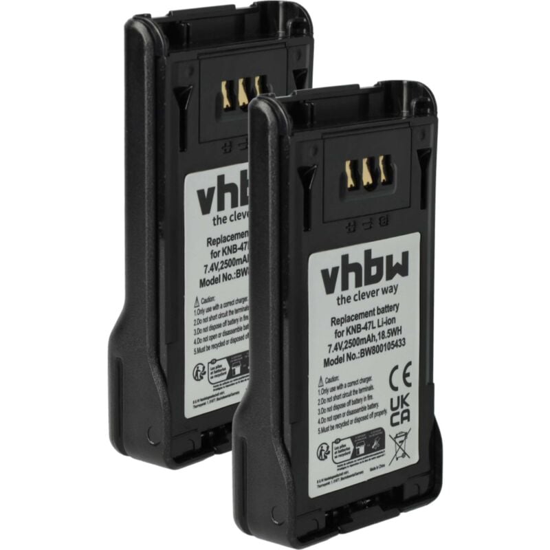 Vhbw - 2x Battery compatible with Kenwood TK-5220, TK-5320, TK-5230, TK-3320, NX-300, NX-200 Radio, Walkie-Talkie (2500 mAh, 7.4 v, Li-Ion)