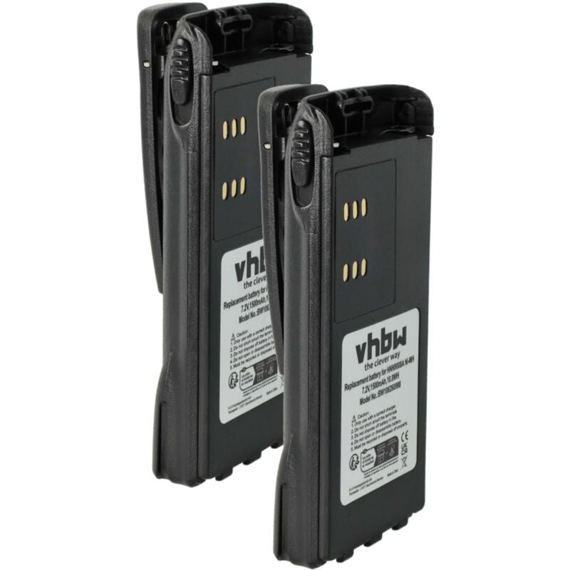 Vhbw - 2x Battery compatible with Motorola GP280, GP240, ATS2500, GP1280, GP140 Radio, Walkie-Talkie (1500 mAh, 7,2 v, NiMH) + Belt Clip